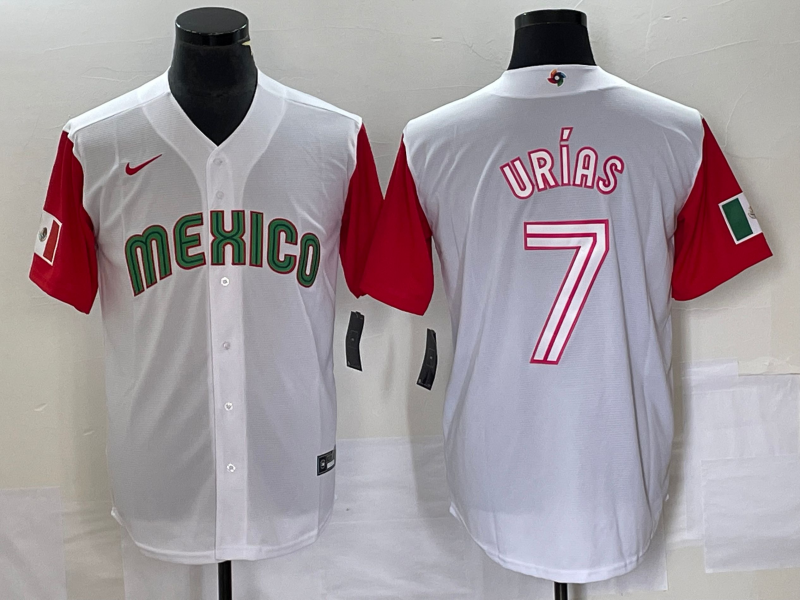 Men's Mexico Baseball #7 Julio Urías 2023 White Red World Baseball With Patch Classic Stitched Jersey